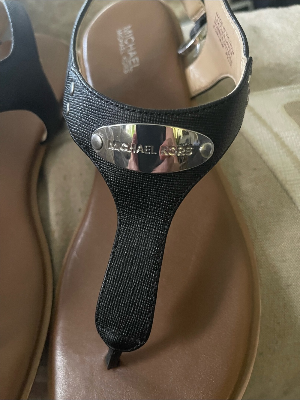 MICHAEL Michael Kors Black T‑Strap Sandals with Brown Footbed - Picture 2 of 5